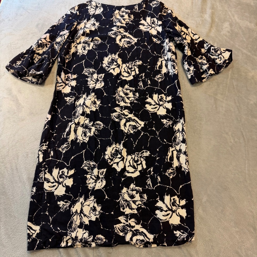 Navy Blue White Floral Rose Bell Sleeve Shift Dress Back Zip‎ Womens